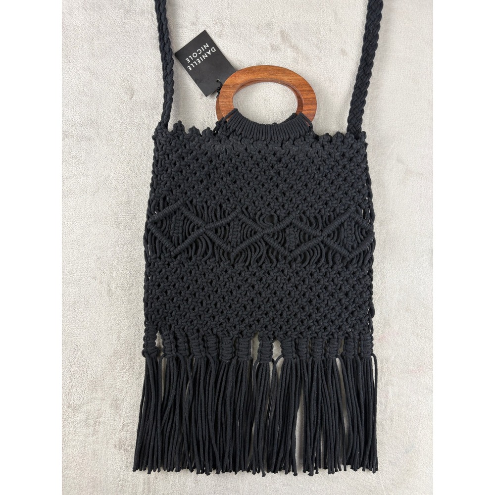 Danielle Nicole Macrame Crossbody Bag Black Woven Fringe Wood Handle NWT